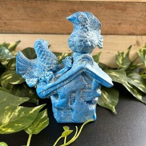 Upcycled  Bird Ceramic Bank Shelf Sitter Spring Country Cottage Blue 6 X 6